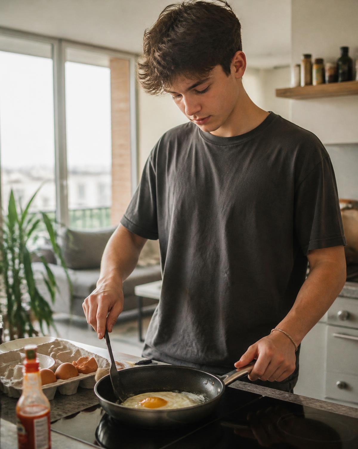 A teenager cooking a simple meal in a bright apartment kitchen