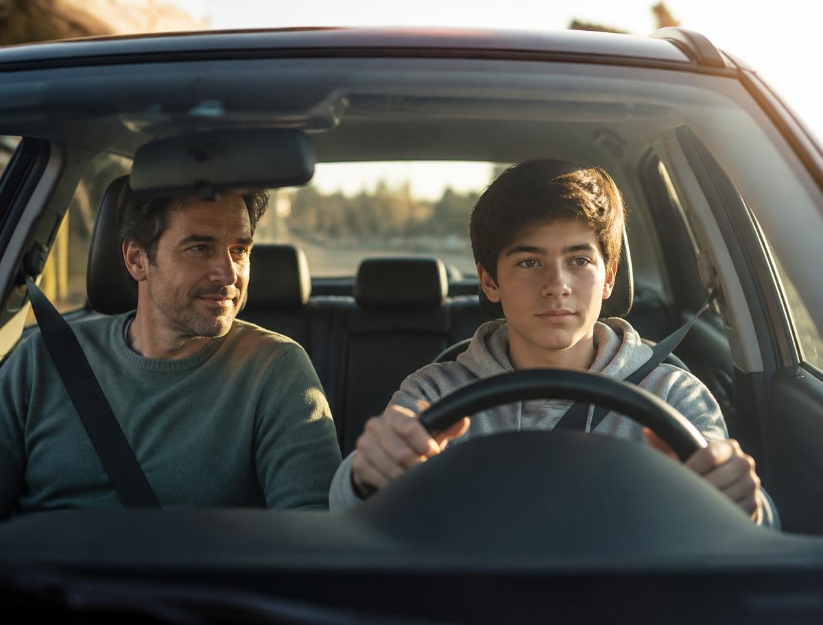 A teenager driving with a parent calmly coaching from the passenger seat