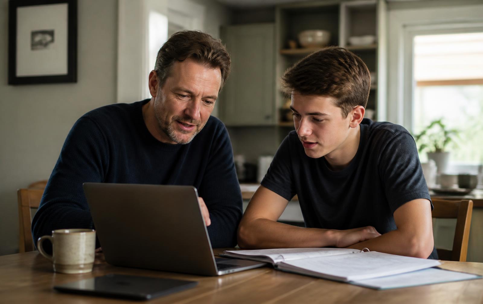A parent and teenager reviewing a readiness plan together at the kitchen table